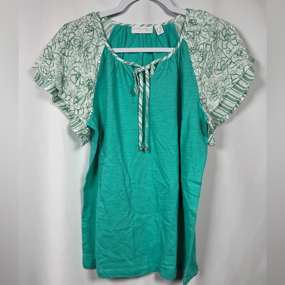 Susan Graver Pure Cotton Slub Knit Top W/Printed Flutter Sleeve Bay Breeze XXS